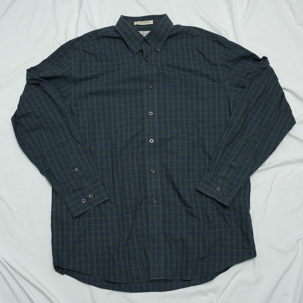 L.L. Bean Men's Large Green Navy Tartan Plaid Wrinkle Resistant Cotton Shirt
